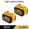 Two yellow lithium-ion batteries labeled 12.0Ah and 60V for DeWalt power tools