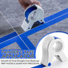 A hand is holding a white painter's tape applicator tool used for smooth and fluid straight line masking.