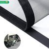 Close-up view of a black window mesh screen with a self-adhesive zipper and elastic strap.