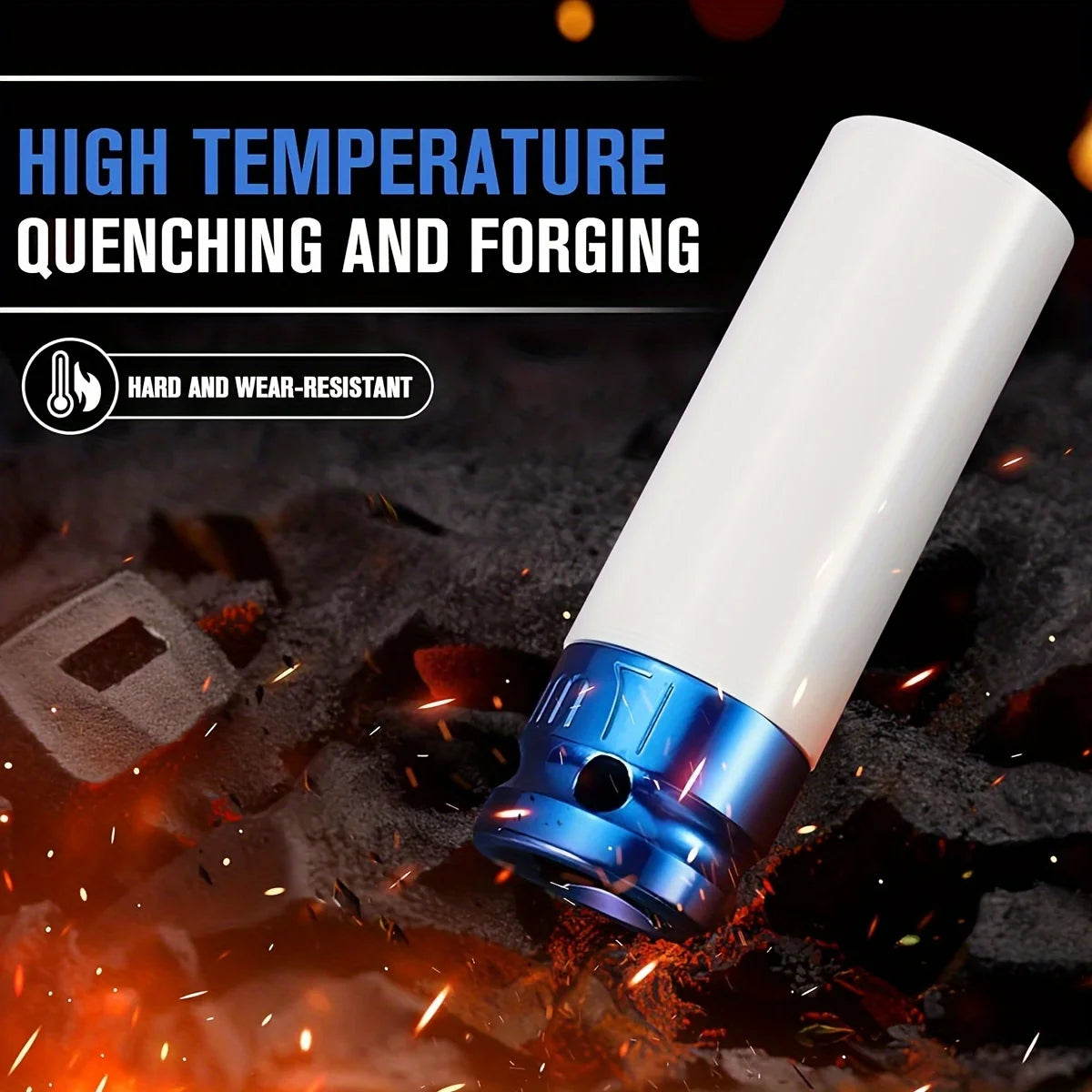 A white tool is shown in a high temperature quenching and forging context with sparks flying on a dark surface.
