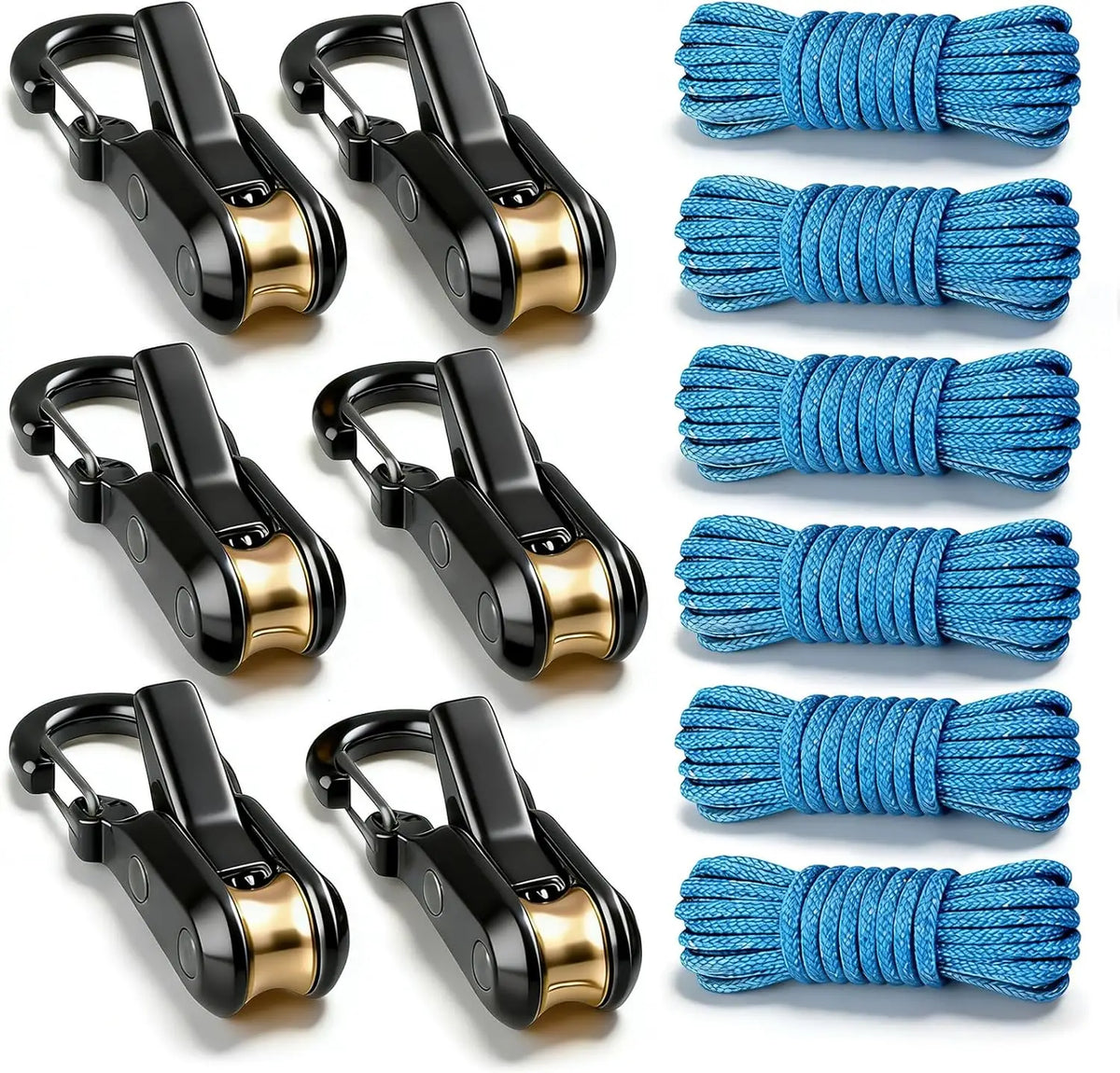 A set of six heavy duty black and gold retractable rope tighteners with blue braided ropes.