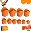 Orange precision pipe saddle template kit showing various orange cone-shaped templates and a finished orange pipe section.