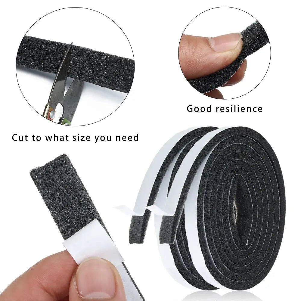 Roll of black and white self-adhesive foam weather stripping tape shown with a close-up of the material and application.