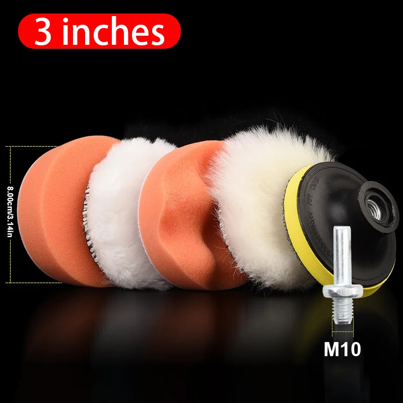 A set of three orange car polishing sponge pads with white foam and an M10 mounting screw.