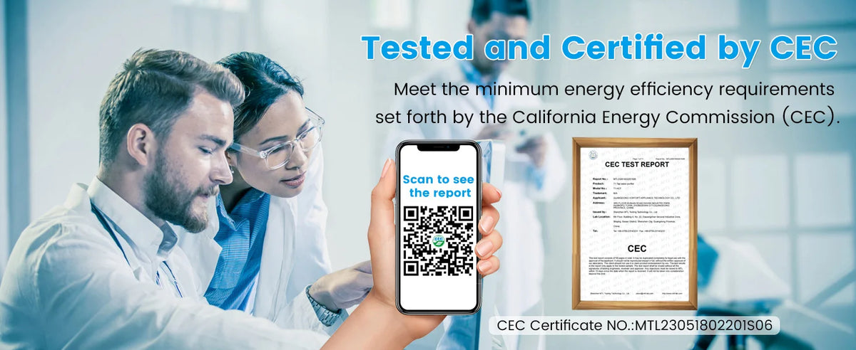 Une personne scanne un code QR sur un smartphone pour consulter un rapport de test CEC pour un support de robinet de filtre à