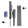 A set of six black precision carpenter pencils with refills shown in a clear plastic container and an extra eraser.