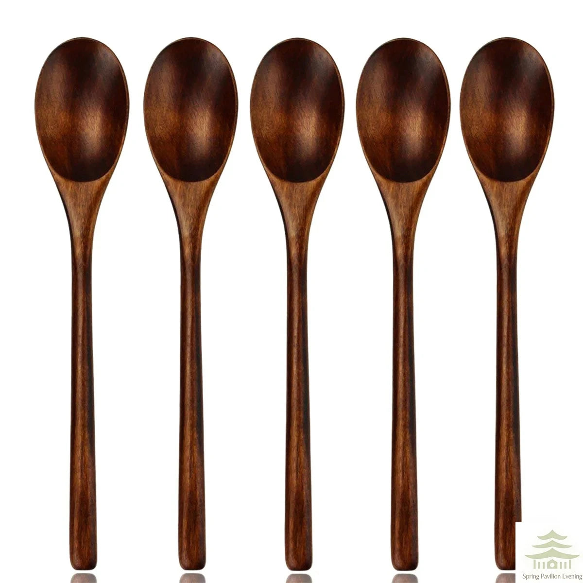 A set of five dark brown natural wooden spoons and forks for cooking