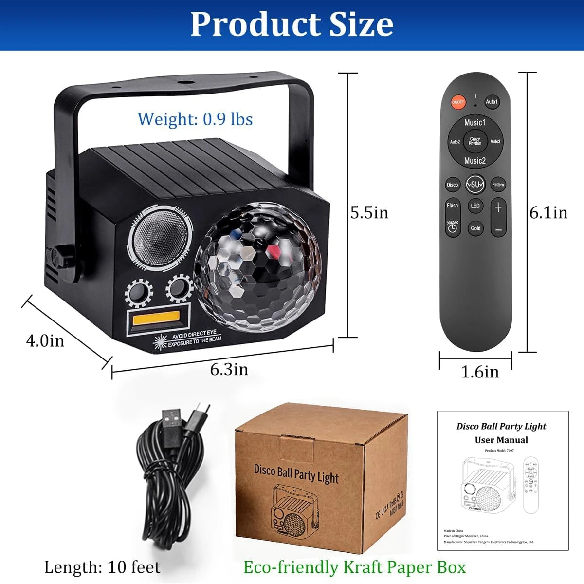 A black disco ball party light is shown with its dimensions and packaging box.