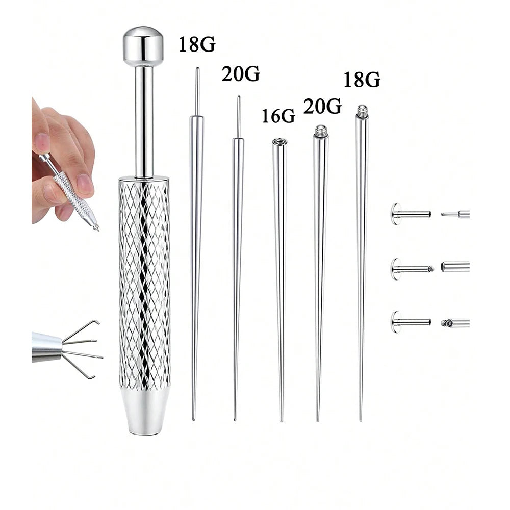 Stainless steel piercing ball grabber kit showing various gauges of needles and a main tool