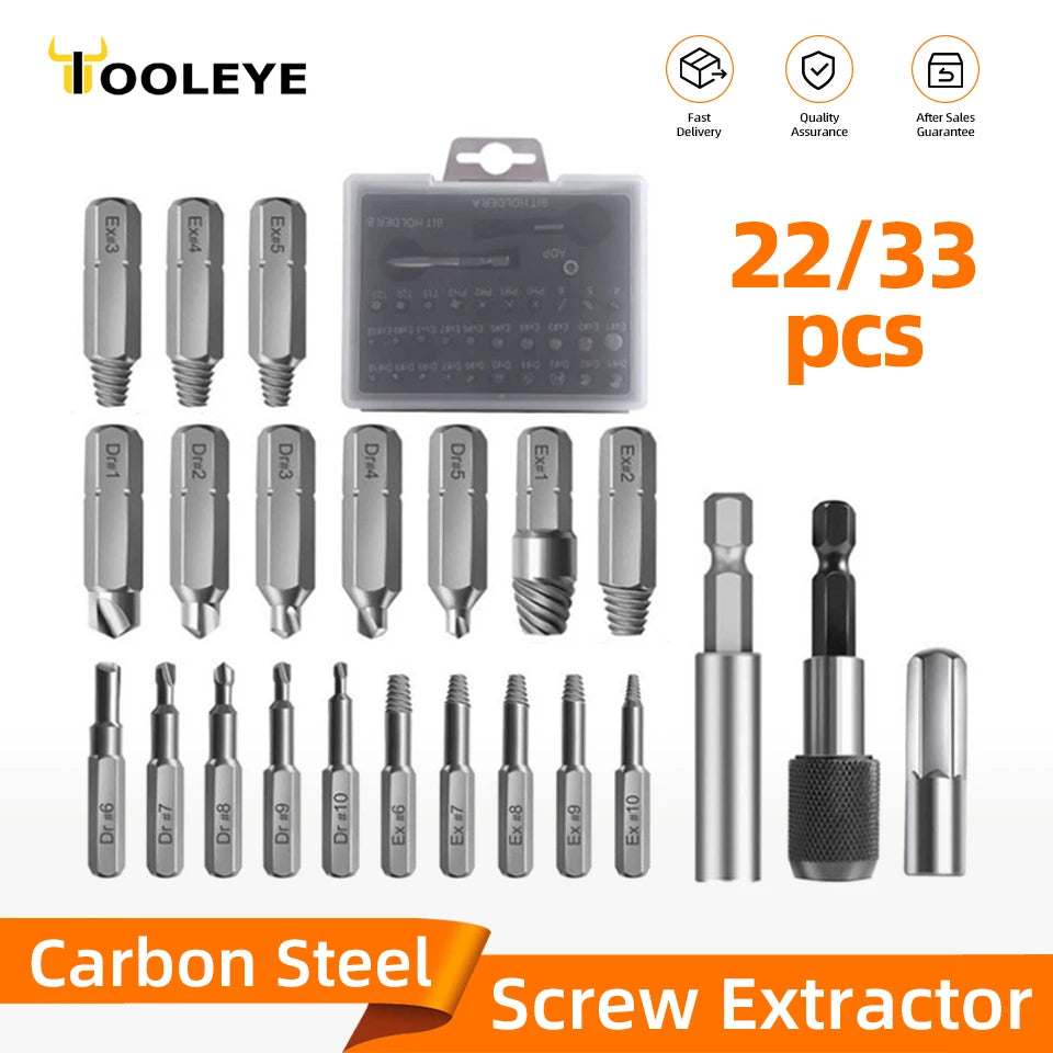 A set of 22 or 33 carbon steel screw extractors and drill bits for removing broken heads.