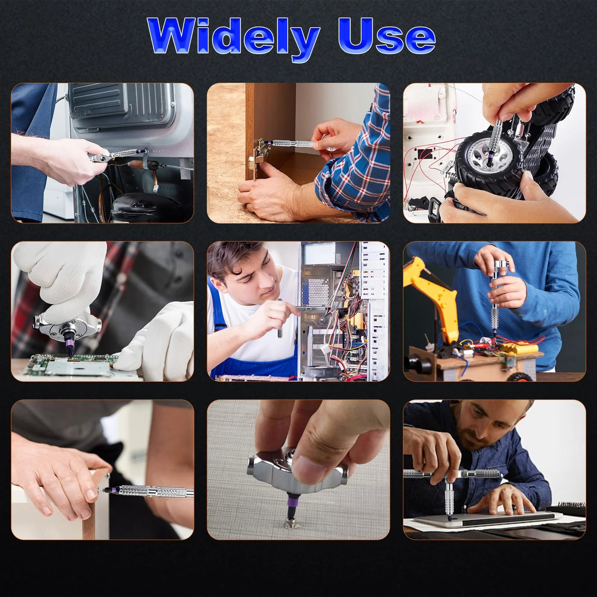 A collection of precision multi-bit screwdrivers and tools being used for various tasks like electronics repair and mechanica