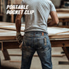 A person wearing a gray t-shirt is holding a portable pocket clip, demonstrating the utility of the item.