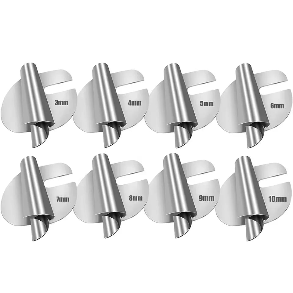 A set of universal sewing rolled hemmer foot pins in various thicknesses from 3mm to 10mm.