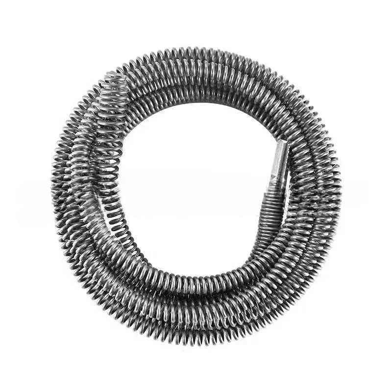 A coiled heavy duty spring sewer cleaning tool made of metal.