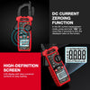 A red digital clamp meter with a high-definition screen is shown demonstrating the DC current zeroing function.