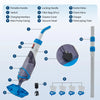 Diagram showing the components of a cordless handheld pool and spa vacuum cleaner, including the pump casing, handle, filter 