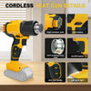 Close-up details of a yellow cordless heat gun showing various components like the emission hole, lock button, and battery fe