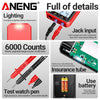 A set of ANENG digital multimeters showing lighting, a jack input, 6000 counts display, test watch pens, and an insurance tub
