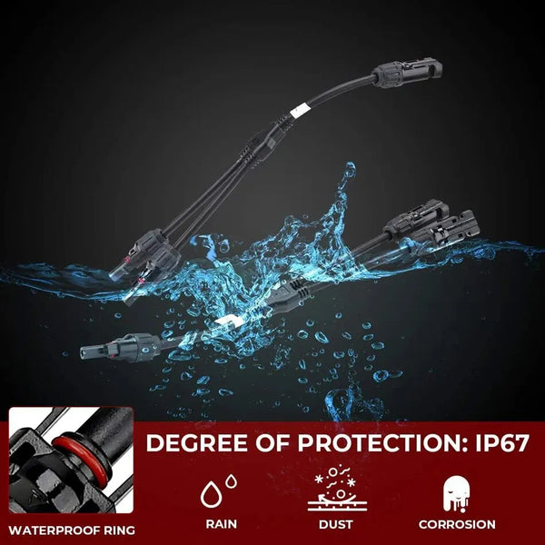 Y-Branch parallel solar connectors shown with a waterproof ring and protection features like IP67 rating against rain, dust, 