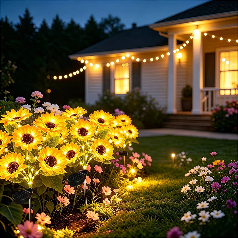 Lumières de piquets de tournesol LED solaires jaunes illuminant un jardin au crépuscule.