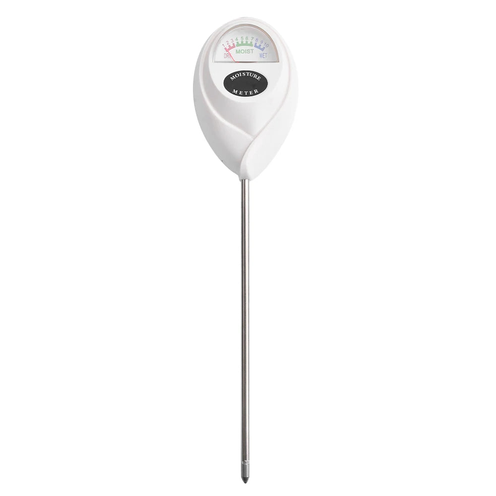 A white digital soil moisture meter with a clear scale and a long metal probe.