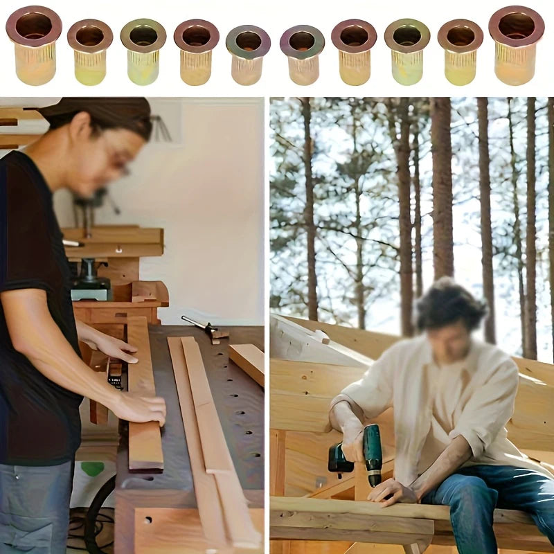 A person is working on woodworking with a kit of precision rivet nuts and threaded rivets.