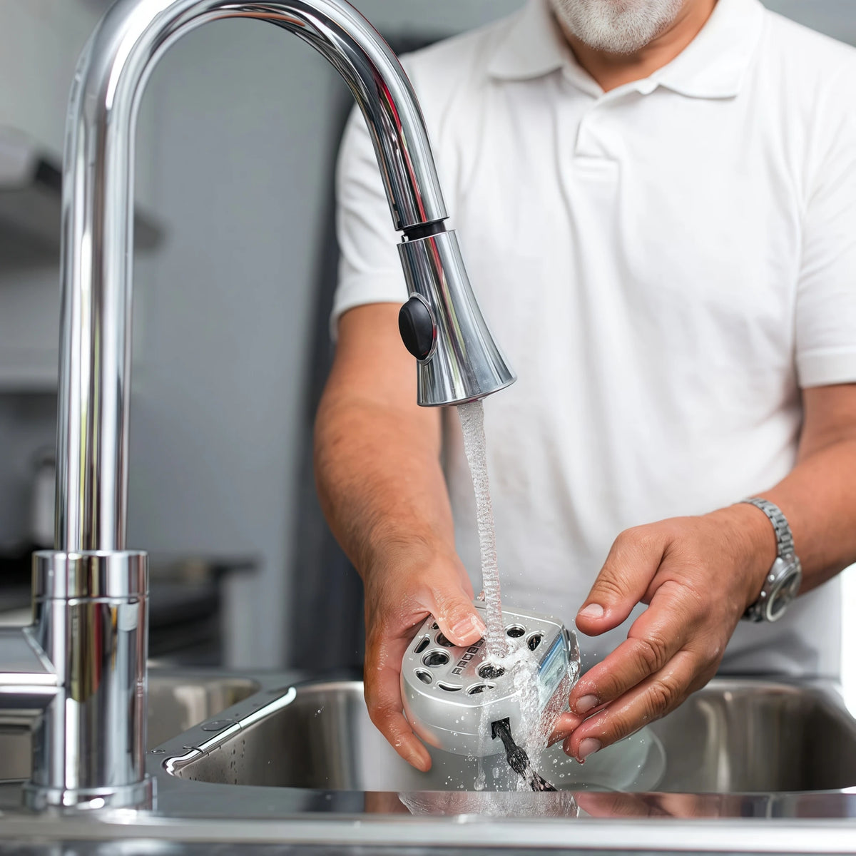 A person is using a professional metal auto lock measuring tape to measure liquid in a stainless steel sink.