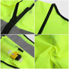 Close-up view of a neon yellow high-visibility reflective safety vest fabric with black stitching and mesh details.
