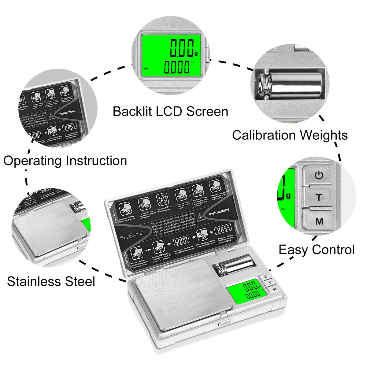 A precision digital scale with a backlit LCD screen, calibration weights, and easy control features.