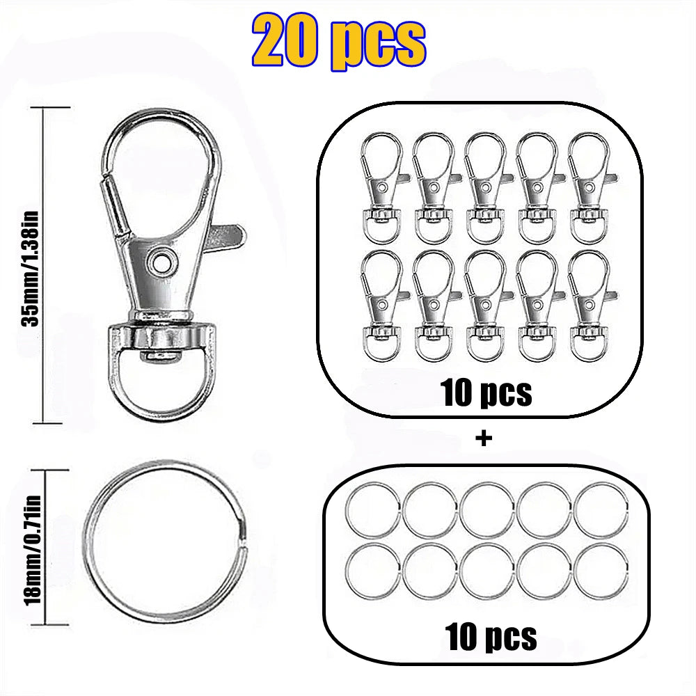 20 pieces of silver swivel snap hooks with key rings shown in various configurations