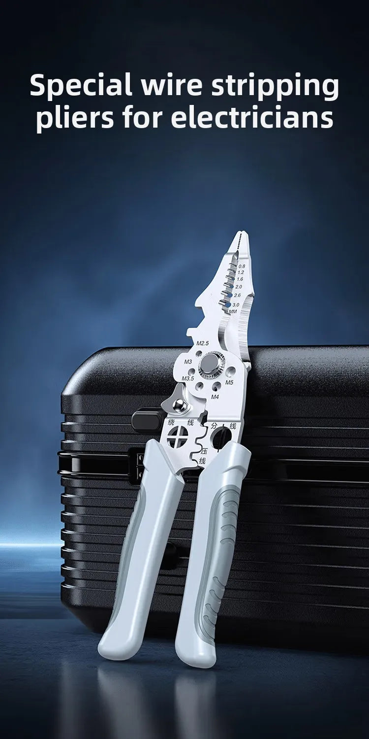 A pair of heavy duty stainless steel wire stripping pliers resting on a black tool case.