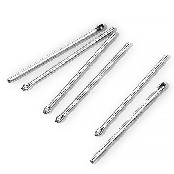 A set of stainless steel watch band split pins and connecting links.