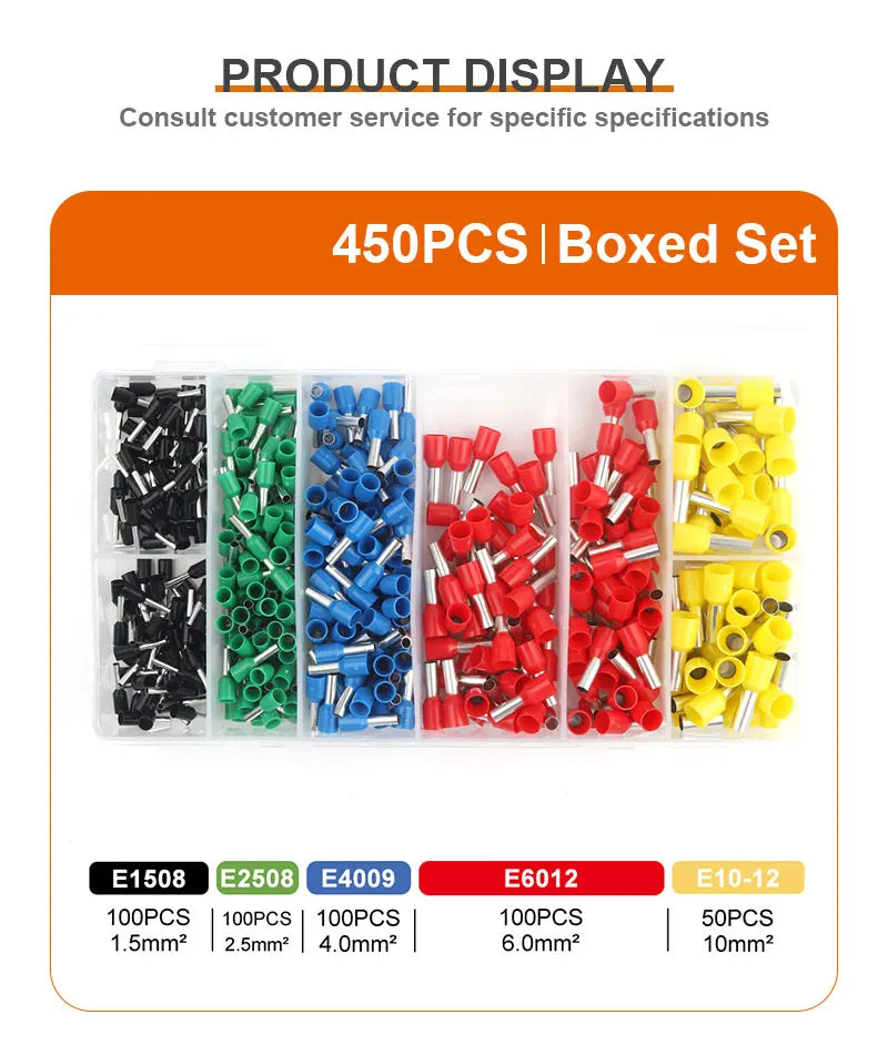 Boxed set of 450 pieces of various sized crimp terminals including E1508, E2508, E4009, E6012, and E10-12.