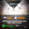 A white outdoor security light with an IP65 rating and a 3000+ hour lifespan mounted on a brick wall.
