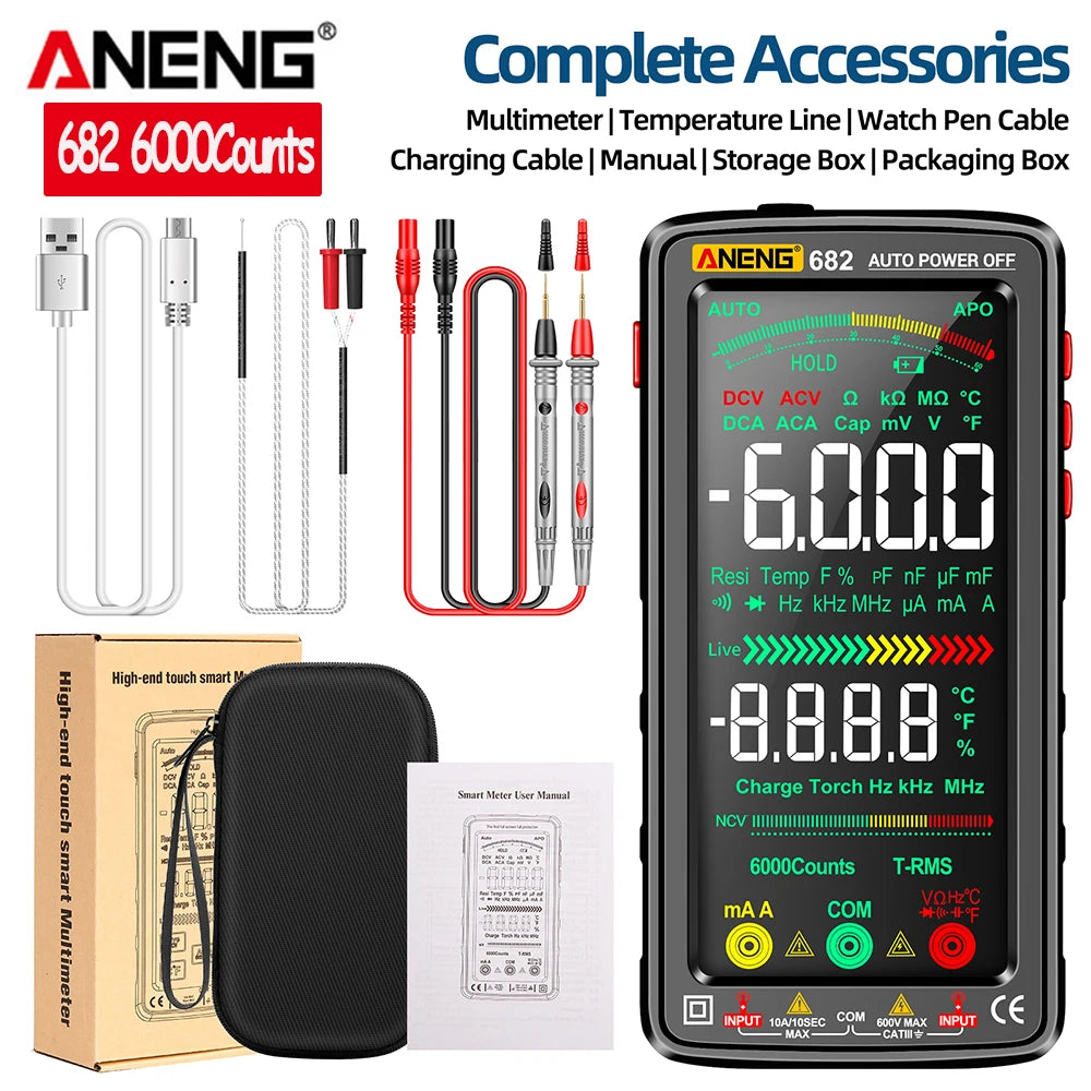 Zubehör für ein ANENG 682 Digitalmultimeter, inklusive Kabel, Aufbewahrungsbox und Verpackung