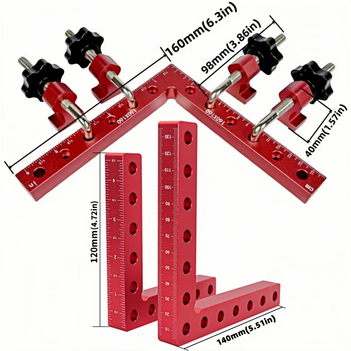 A red precision woodworking right angle clamp with various measurements and clamping arms.
