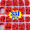 A collection of red silicone O-rings in various sizes packaged in clear plastic compartments.