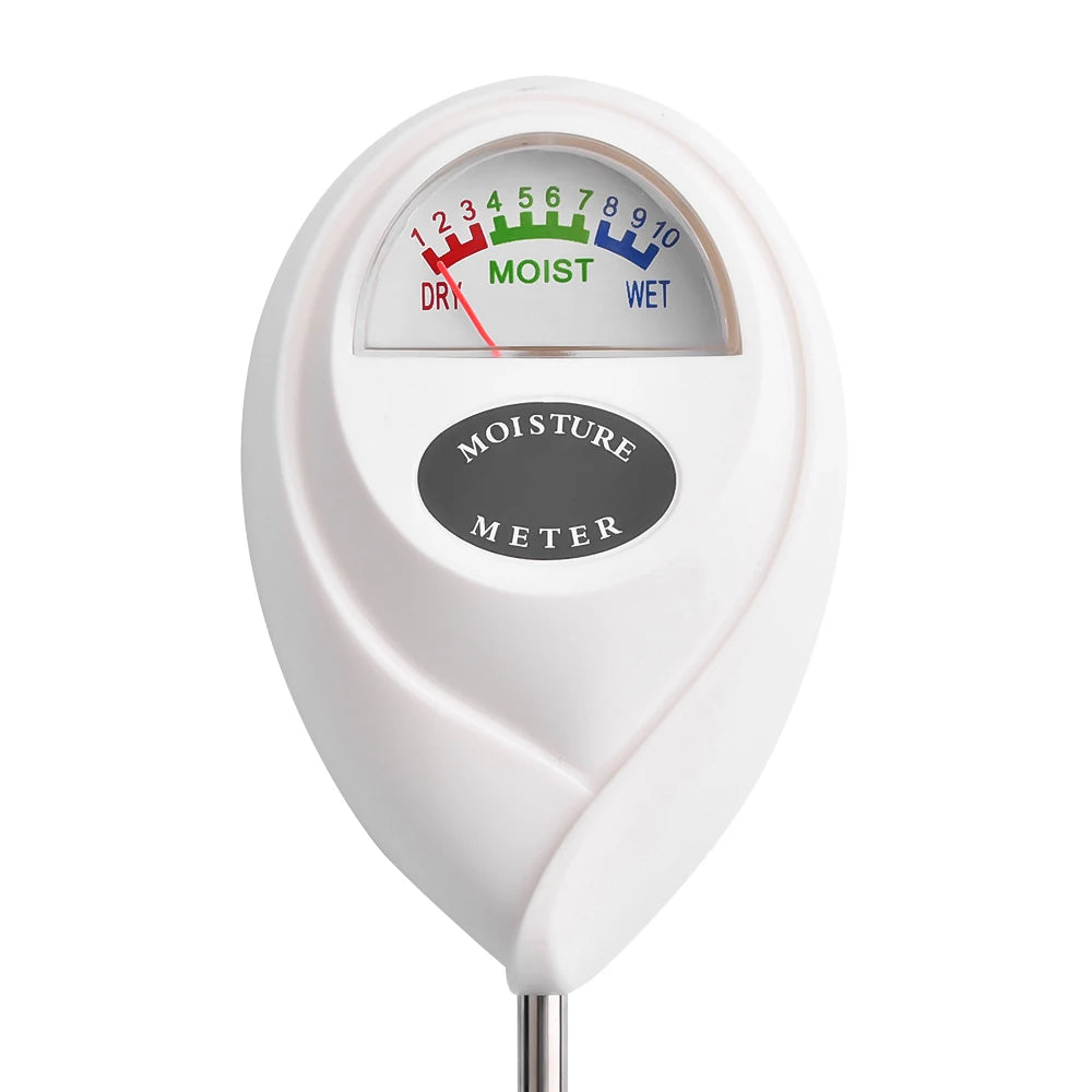 A white digital soil moisture meter with a scale showing dry, moist, and wet levels.