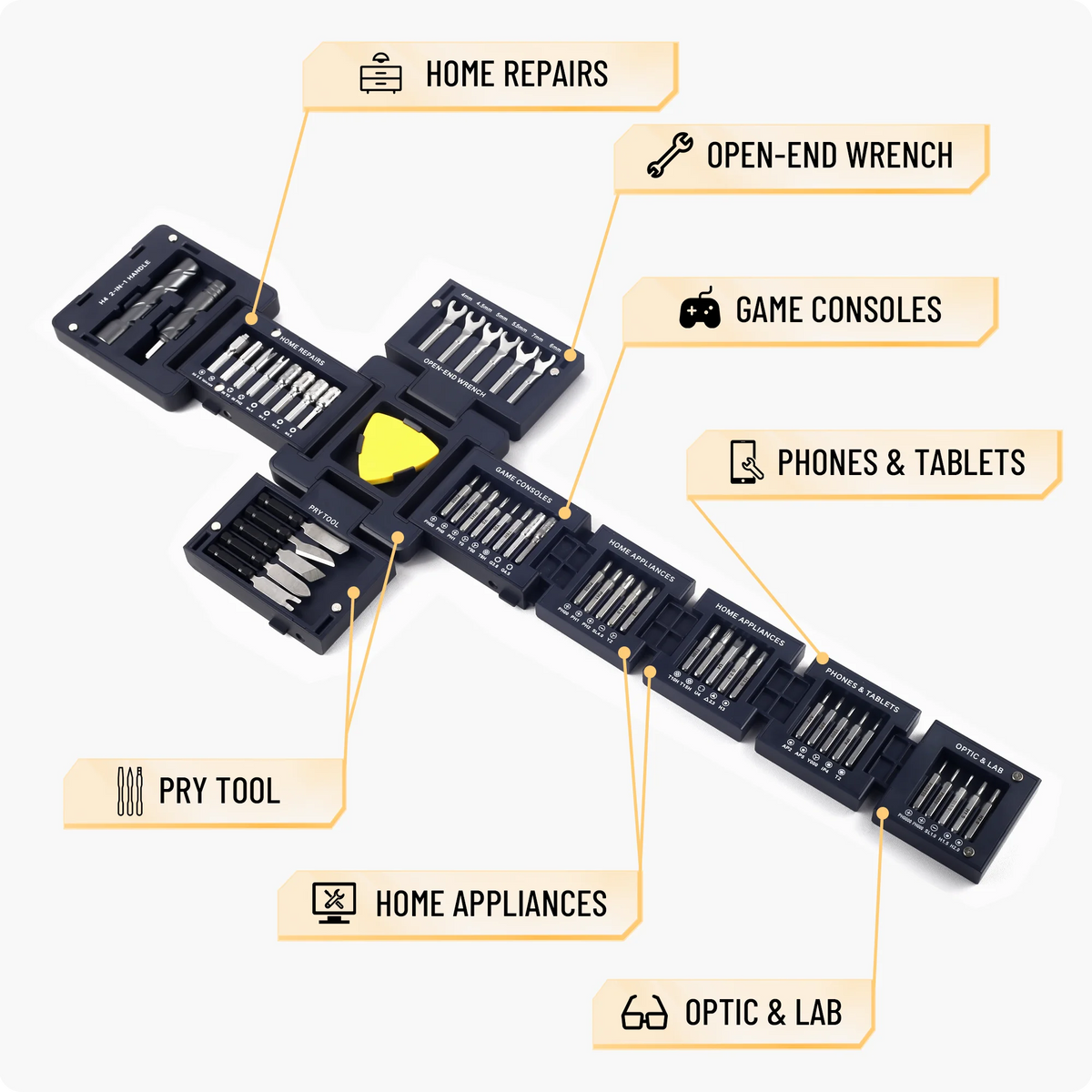 A magnetic screwdriver set featuring multiple tools for home repairs, electronics, and appliances.