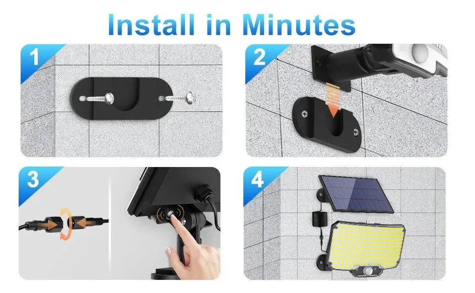 أربع خطوات لتثبيت مصباح LED كاشف حركة شمسي على سطح.