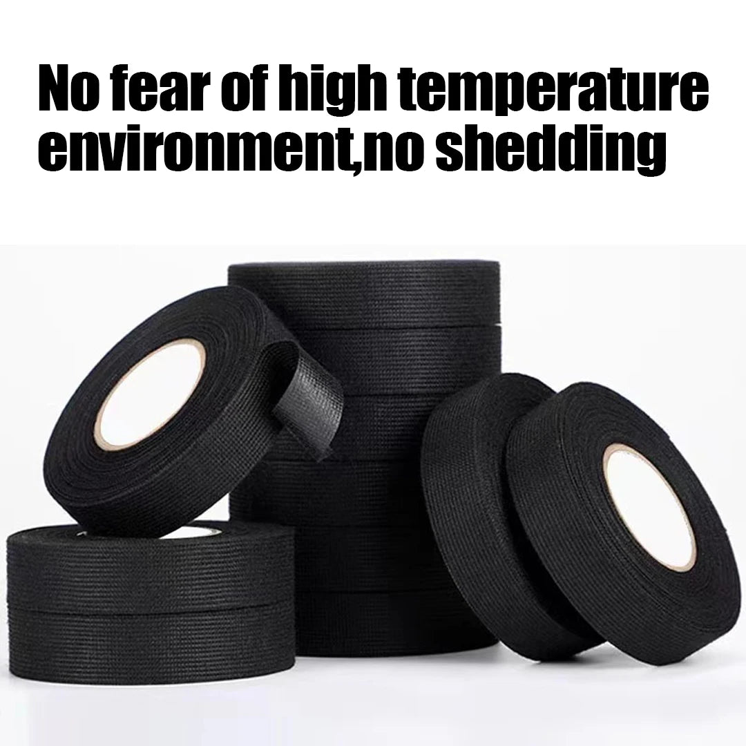 Rolls of black heavy-duty heat resistant electrical tape stacked and laid out for automotive use