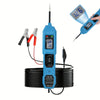 A blue digital multimeter probe is shown measuring electrical components on a black cable.