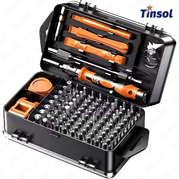 A black precision screwdriver set with multiple orange and silver tools is shown open on a surface.