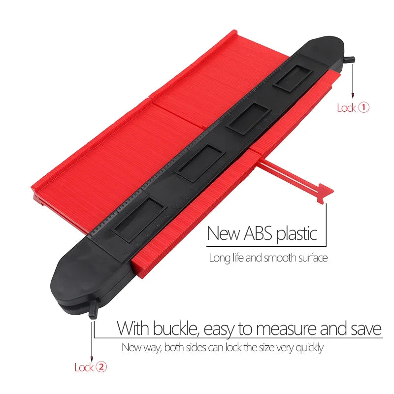 Red profile contour gauge with black ABS plastic for measuring and saving wood or craft dimensions