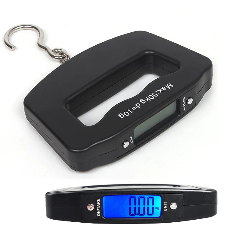 A black portable luggage scale with a hook, showing a digital reading of 0.00 kg.