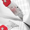 A close-up view of a silver utility knife with a red handle, showing the blade and folding mechanism.