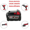 A black cordless power tool battery and charger with red accents, shown alongside various tools.