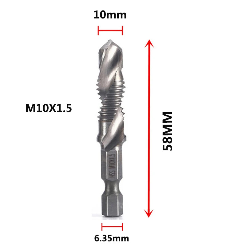 A single M10x1.5 tap and drill bit shown with dimensions of 10mm and 58mm.