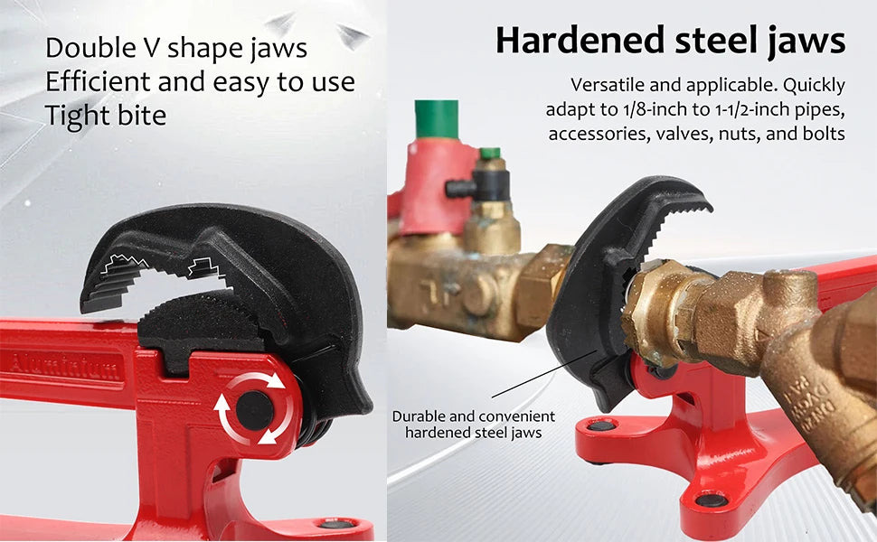 A red portable pipe vise with double V-shape jaws is shown gripping a brass pipe fitting.