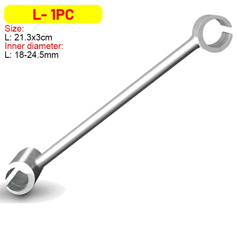 A silver heavy duty adjustable door hinge wrench with a long shaft and a C-shaped opening.